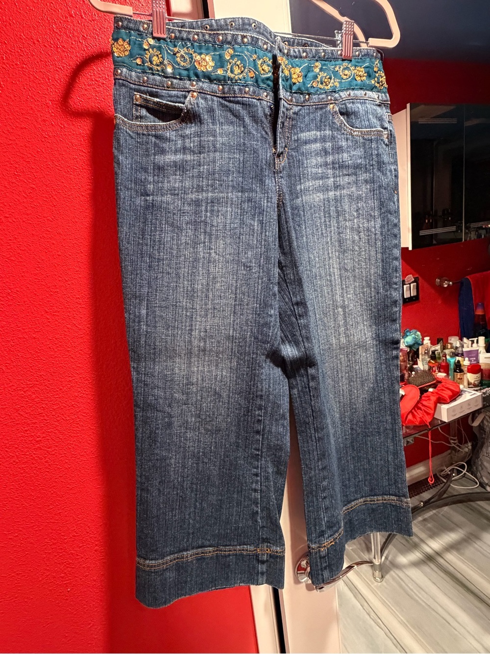 Cache Blue Denim Jeans with Teal Embroidered Waist